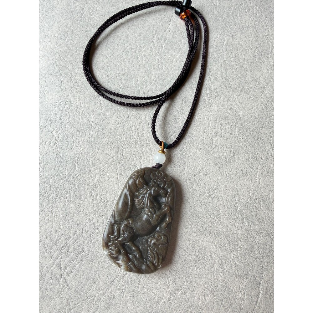 Natural jade brown horse carved peace Pendant Necklace adjustable cord handmade